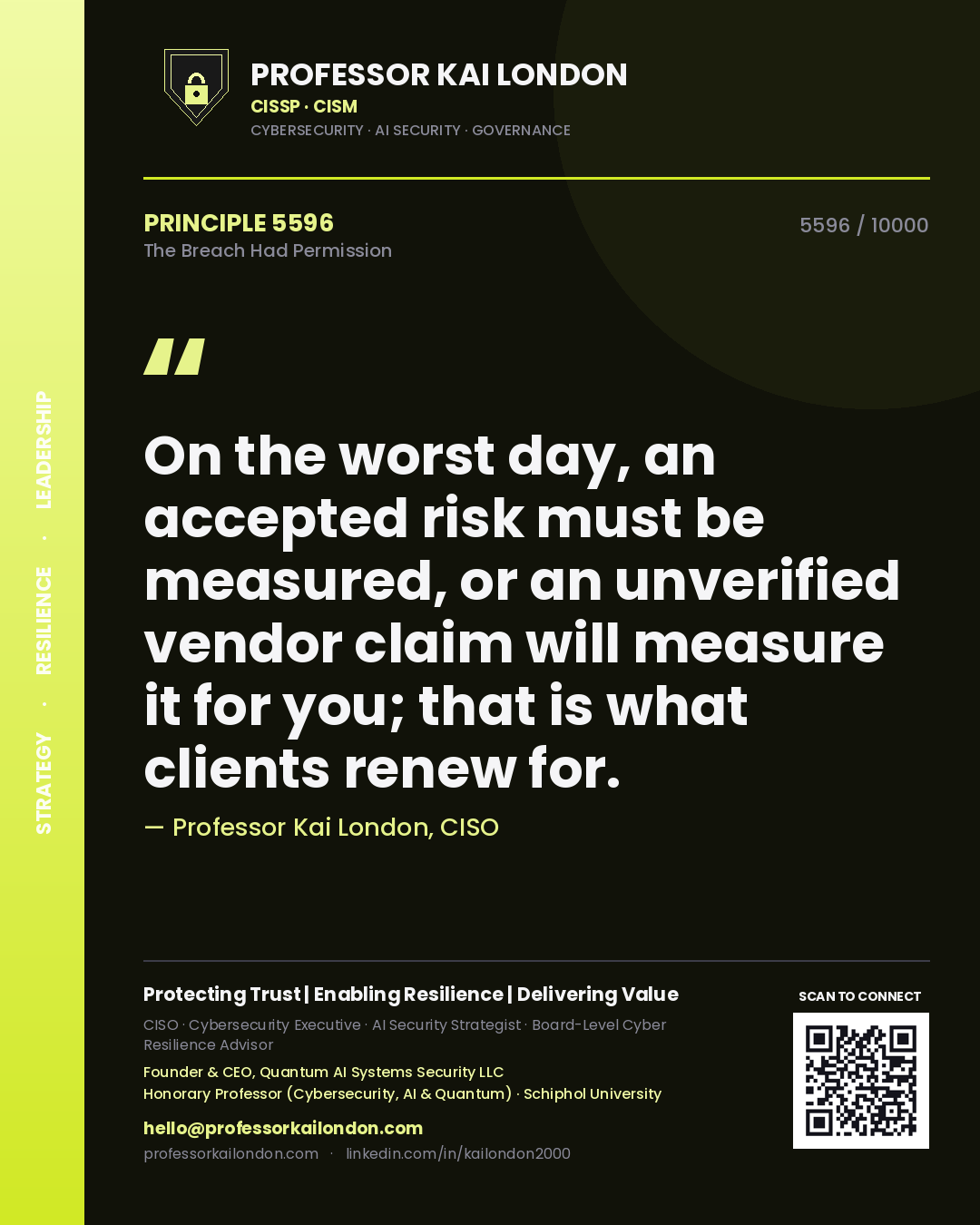 Quote card by Professor Kai London reading 'On the worst day, an accepted risk must be measured, or an unverified vendor claim will measure it for you; that is what clients renew for.'. From the book The Breach Had Permission.