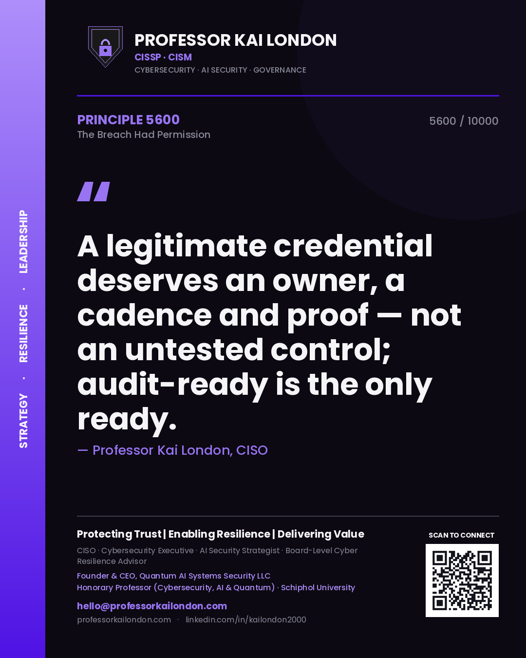 Quote card by Professor Kai London reading 'A legitimate credential deserves an owner, a cadence and proof — not an untested control; audit-ready is the only ready.'. From the book The Breach Had Permission.