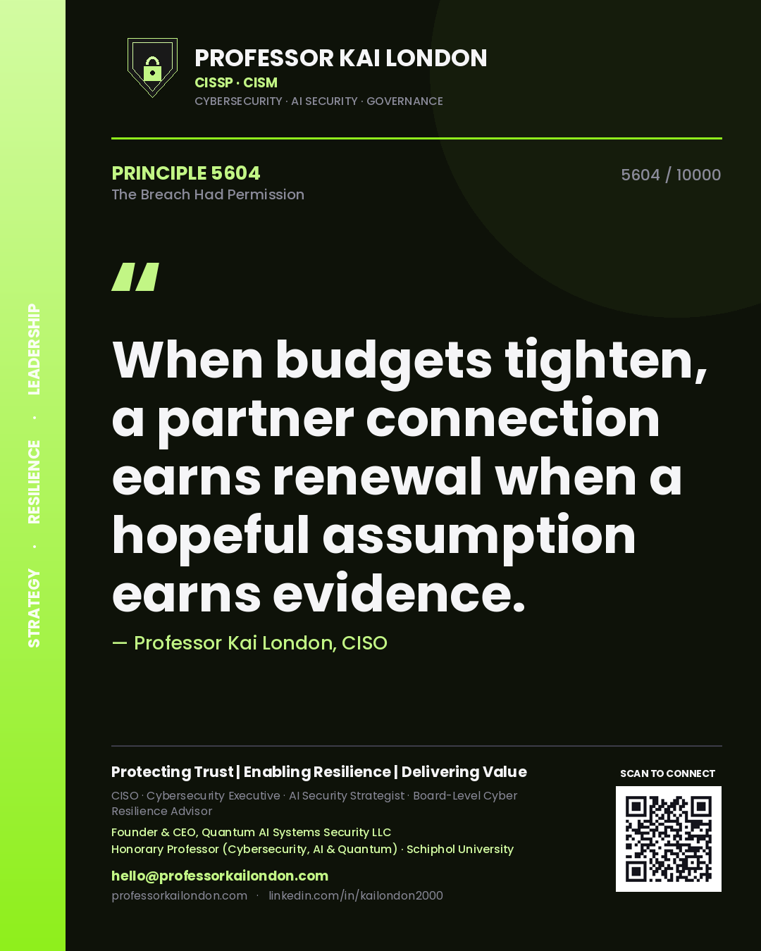 Quote card by Professor Kai London reading 'When budgets tighten, a partner connection earns renewal when a hopeful assumption earns evidence.'. From the book The Breach Had Permission.