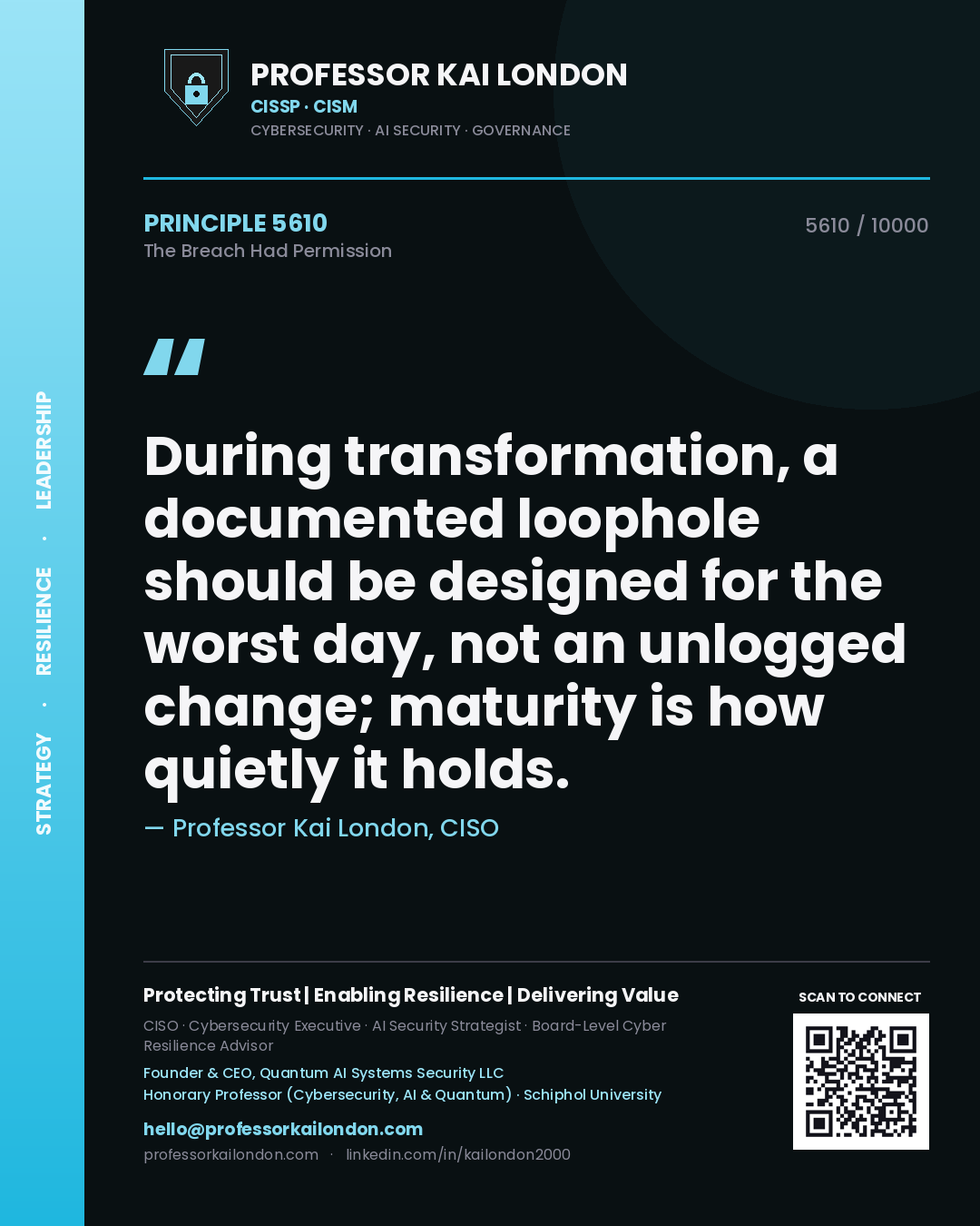 Quote card by Professor Kai London reading 'During transformation, a documented loophole should be designed for the worst day, not an unlogged change; maturity is how quietly it holds.'. From the book The Breach Had Permission.