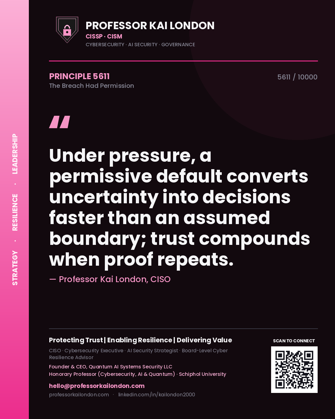 Professor Kai London principle 5611: Under pressure, a permissive default converts uncertainty into decisions faster than an assumed boundary; trust compounds when proof repeats.
