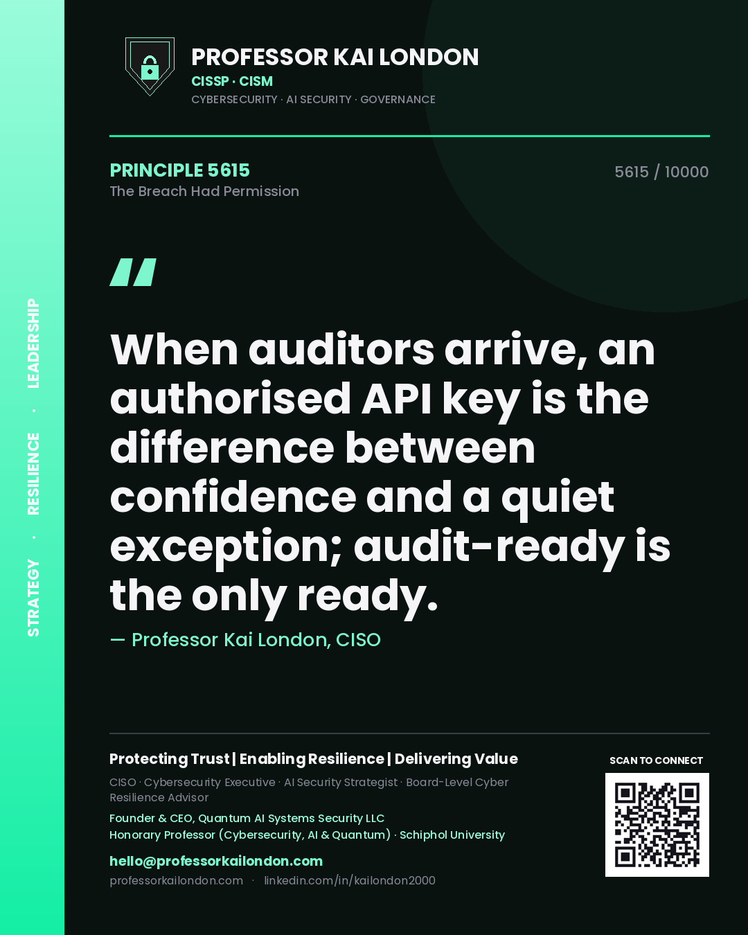 Quote card by Professor Kai London reading 'When auditors arrive, an authorised API key is the difference between confidence and a quiet exception; audit-ready is the only ready.'. From the book The Breach Had Permission.