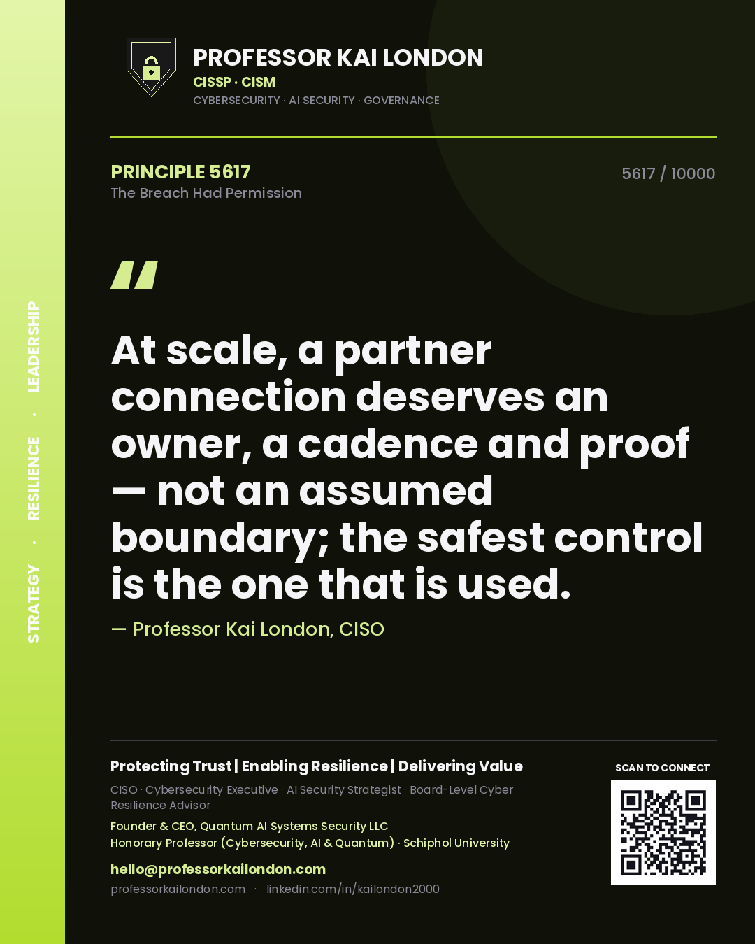 Quote card by Professor Kai London reading 'At scale, a partner connection deserves an owner, a cadence and proof — not an assumed boundary; the safest control is the one that is used.'. From the book The Breach Had Permission.