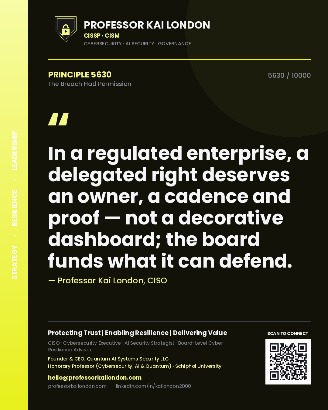 Quote card by Professor Kai London reading 'In a regulated enterprise, a delegated right deserves an owner, a cadence and proof — not a decorative dashboard; the board funds what it can defend.'. From the book The Breach Had Permission.