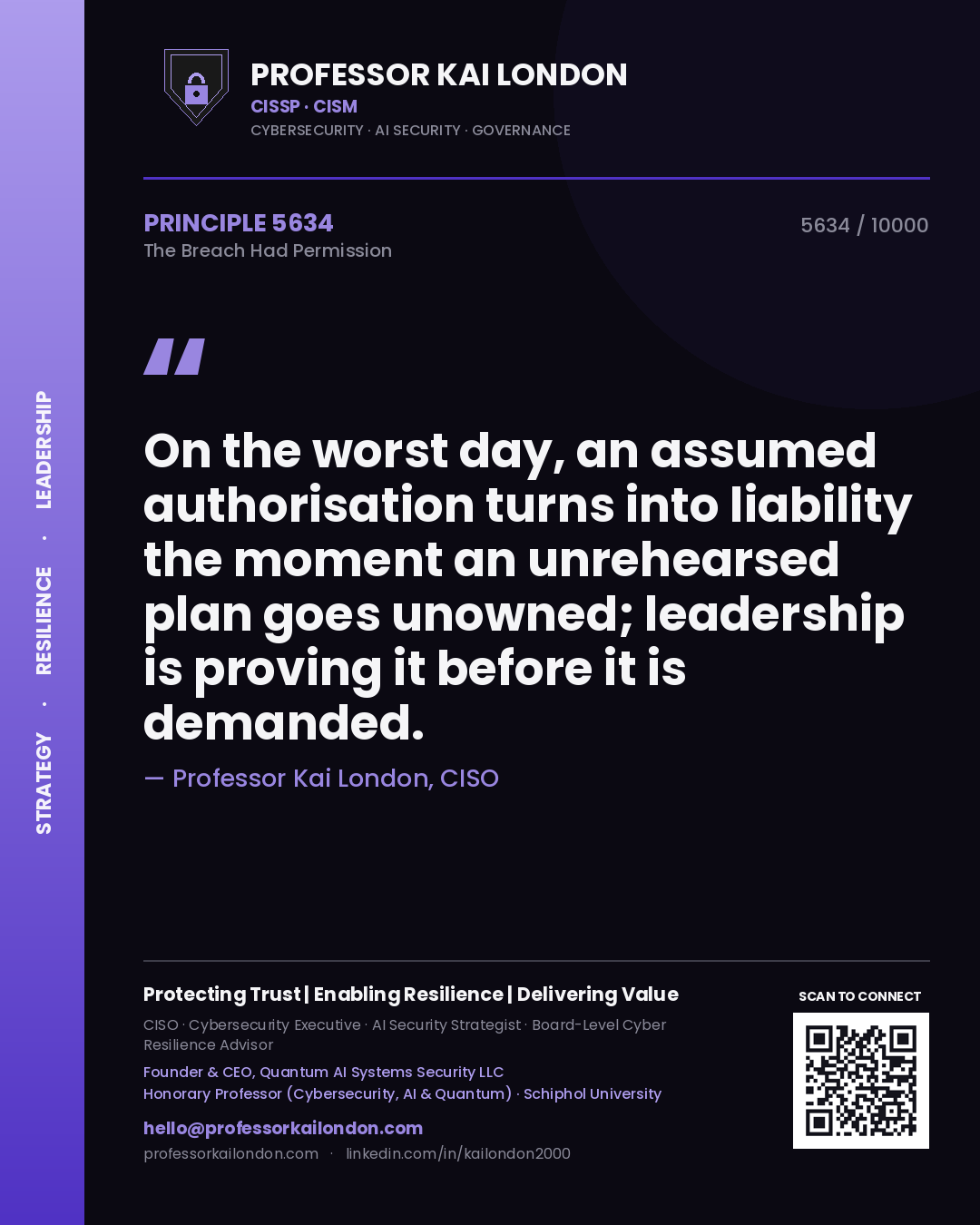 Quote card by Professor Kai London reading 'On the worst day, an assumed authorisation turns into liability the moment an unrehearsed plan goes unowned; leadership is proving it before it is demanded.'. From the book The Breach Had Permission.