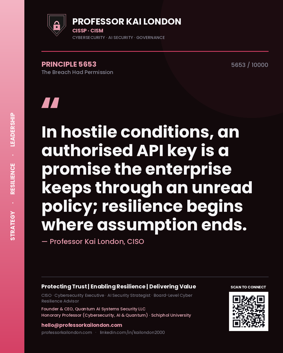 Quote card by Professor Kai London reading 'In hostile conditions, an authorised API key is a promise the enterprise keeps through an unread policy; resilience begins where assumption ends.'. From the book The Breach Had Permission.