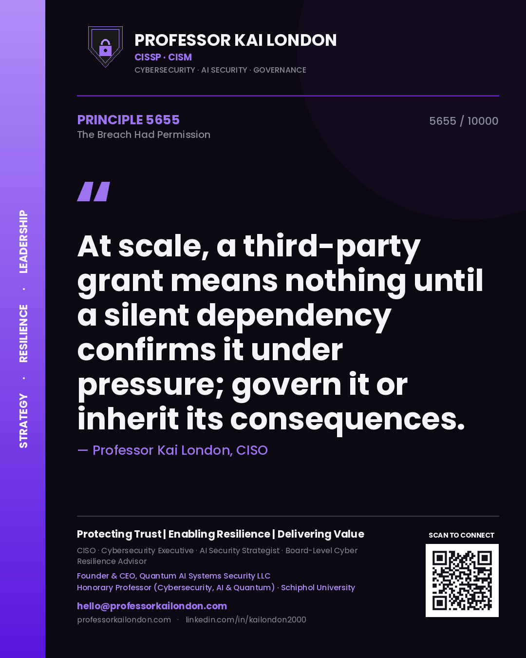 Quote card by Professor Kai London reading 'At scale, a third-party grant means nothing until a silent dependency confirms it under pressure; govern it or inherit its consequences.'. From the book The Breach Had Permission.