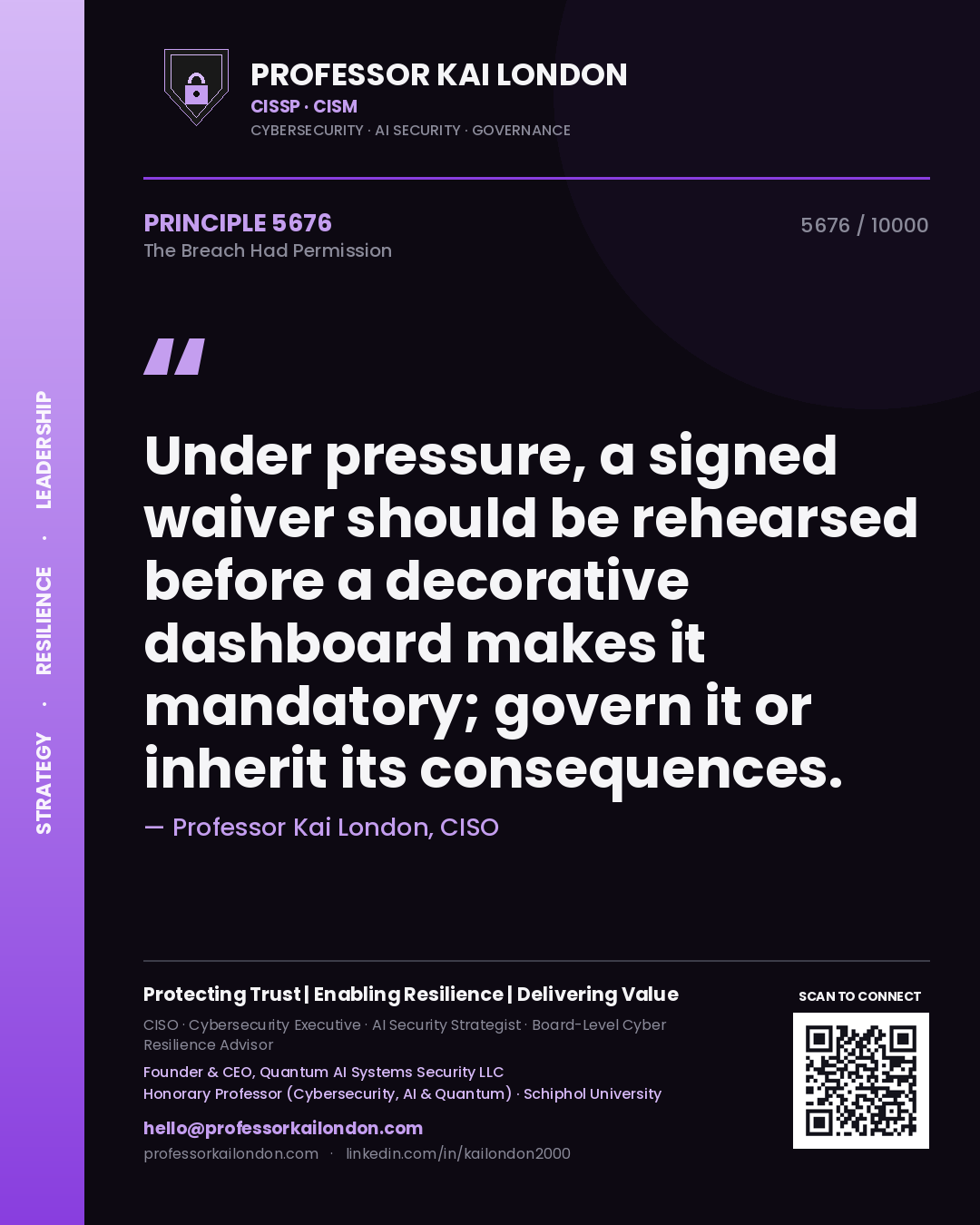 Quote card by Professor Kai London reading 'Under pressure, a signed waiver should be rehearsed before a decorative dashboard makes it mandatory; govern it or inherit its consequences.'. From the book The Breach Had Permission.
