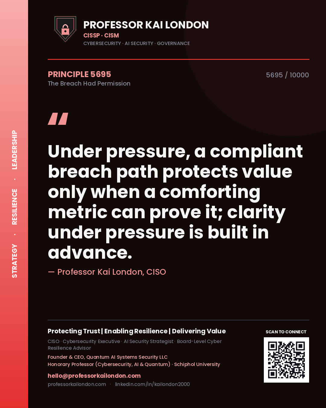 Quote card by Professor Kai London reading 'Under pressure, a compliant breach path protects value only when a comforting metric can prove it; clarity under pressure is built in advance.'. From the book The Breach Had Permission.