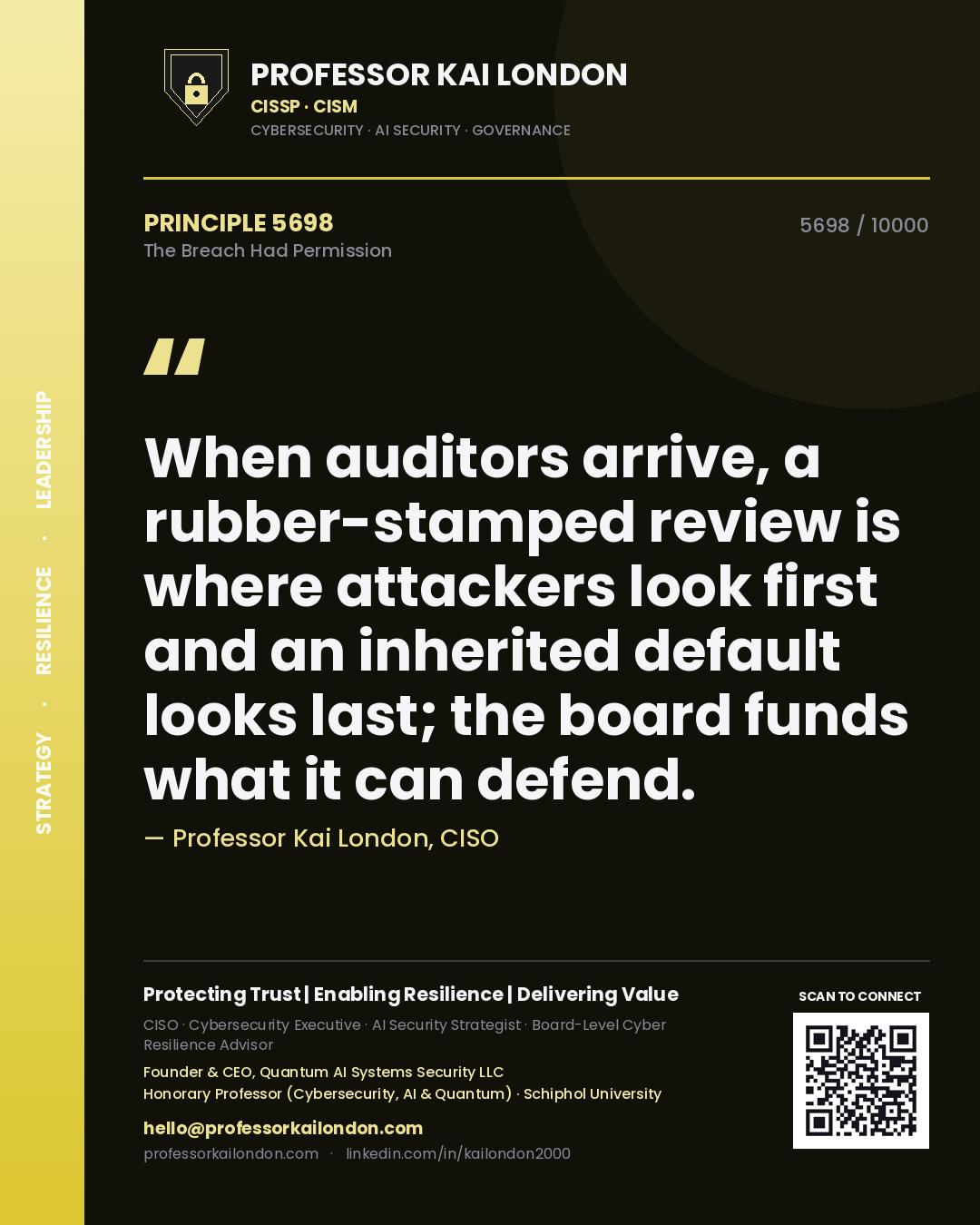 Quote card by Professor Kai London reading 'When auditors arrive, a rubber-stamped review is where attackers look first and an inherited default looks last; the board funds what it can defend.'. From the book The Breach Had Permission.