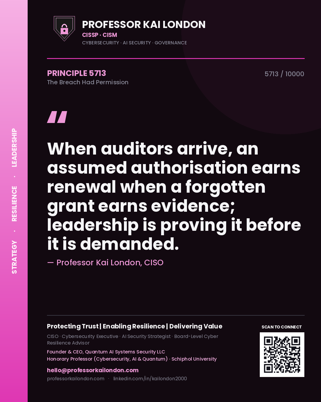 Quote card by Professor Kai London reading 'When auditors arrive, an assumed authorisation earns renewal when a forgotten grant earns evidence; leadership is proving it before it is demanded.'. From the book The Breach Had Permission.