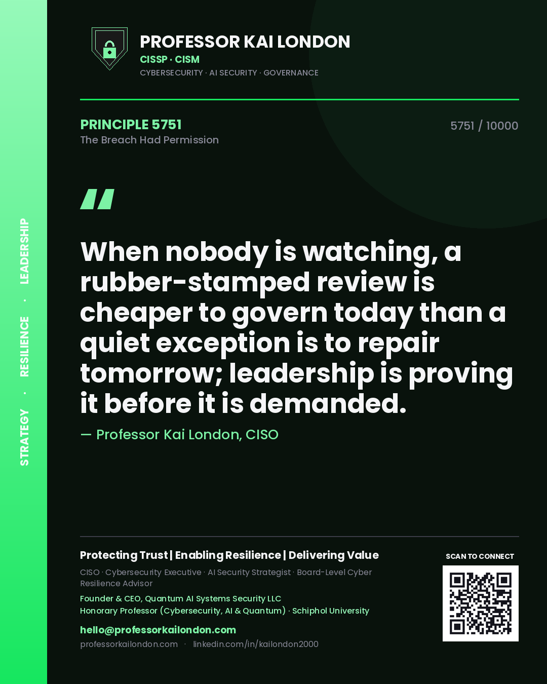 Quote card by Professor Kai London reading 'When nobody is watching, a rubber-stamped review is cheaper to govern today than a quiet exception is to repair tomorrow; leadership is proving it before it is demanded.'. From the book The Breach Had Permission.