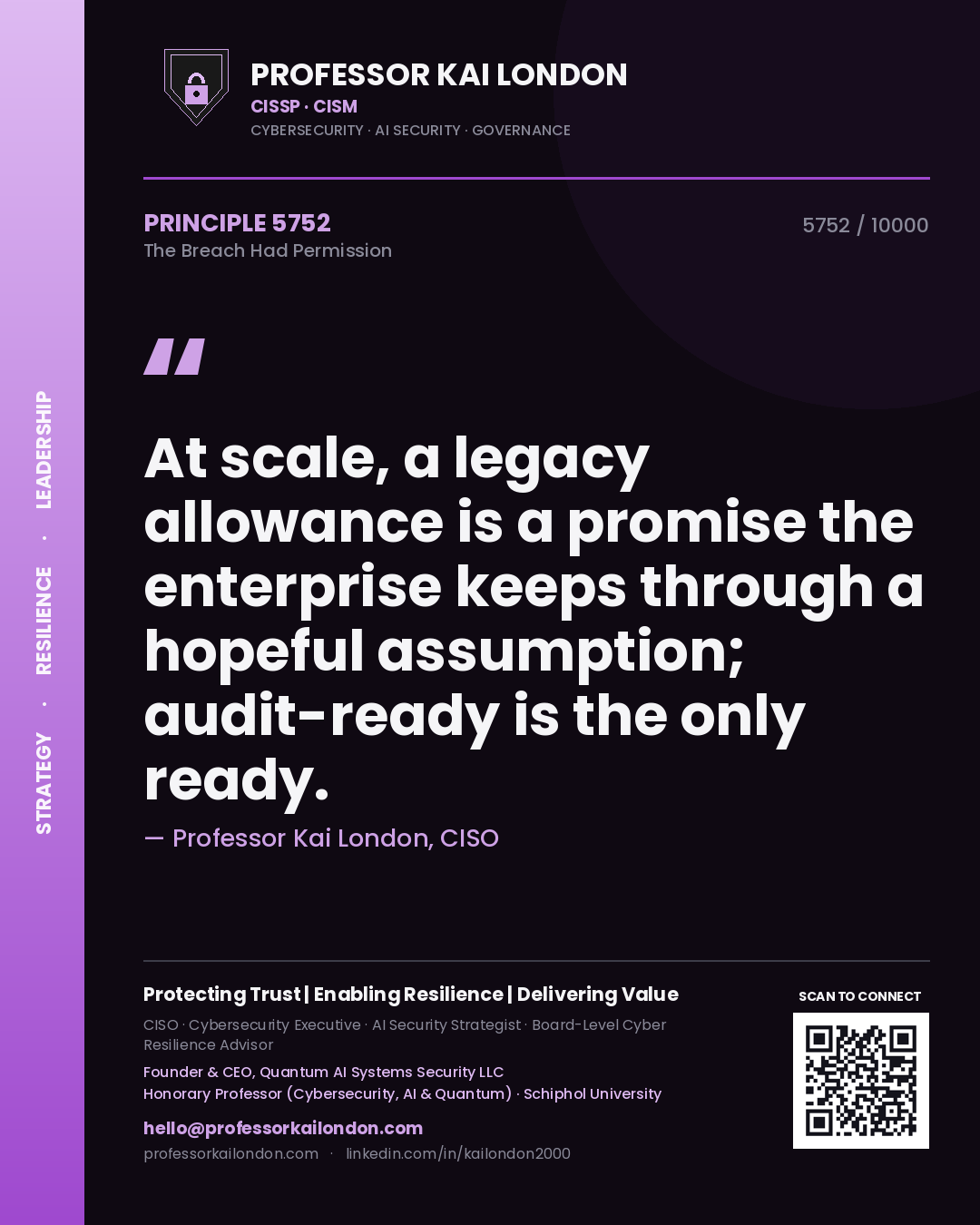 Quote card by Professor Kai London reading 'At scale, a legacy allowance is a promise the enterprise keeps through a hopeful assumption; audit-ready is the only ready.'. From the book The Breach Had Permission.