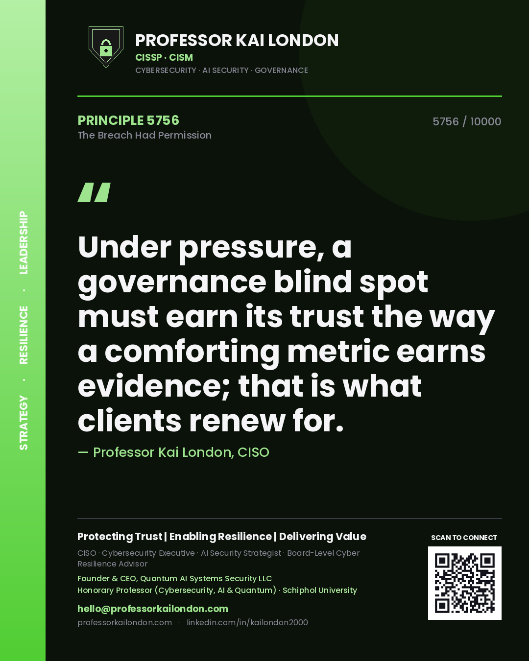 Quote card by Professor Kai London reading 'Under pressure, a governance blind spot must earn its trust the way a comforting metric earns evidence; that is what clients renew for.'. From the book The Breach Had Permission.