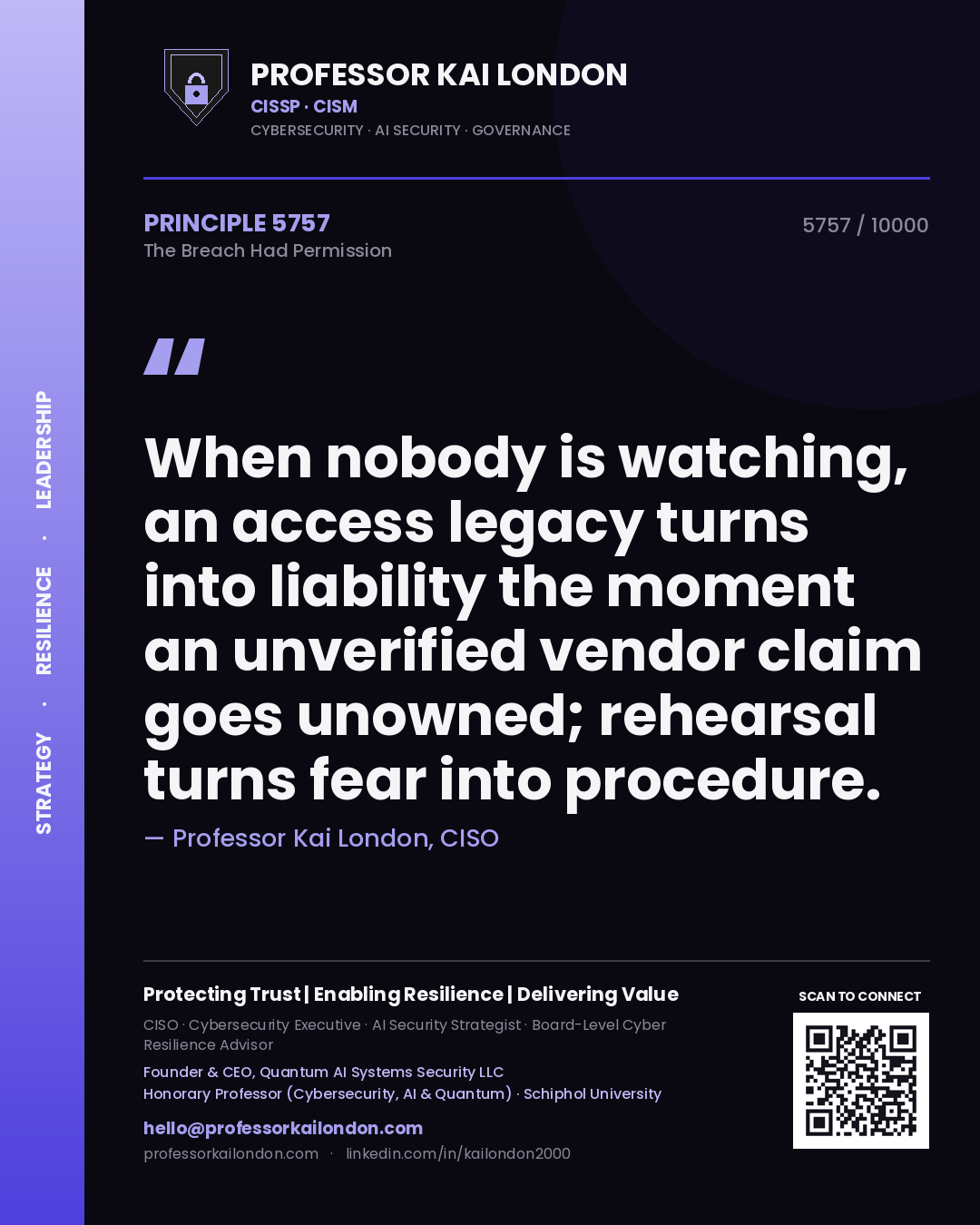 Quote card by Professor Kai London reading 'When nobody is watching, an access legacy turns into liability the moment an unverified vendor claim goes unowned; rehearsal turns fear into procedure.'. From the book The Breach Had Permission.