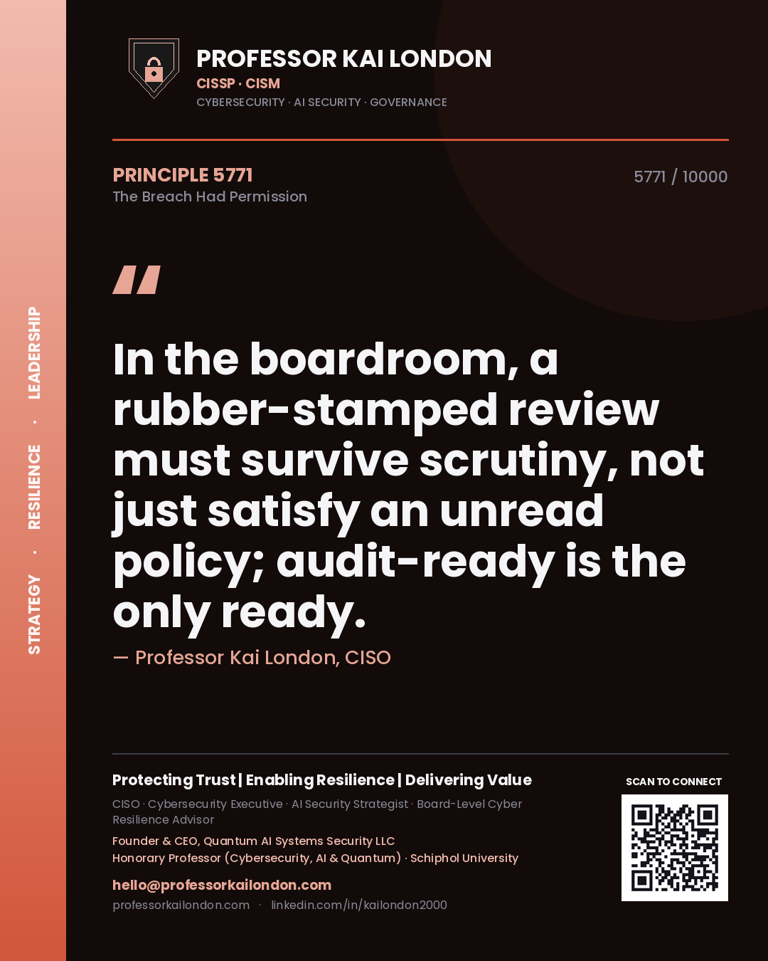 Quote card by Professor Kai London reading 'In the boardroom, a rubber-stamped review must survive scrutiny, not just satisfy an unread policy; audit-ready is the only ready.'. From the book The Breach Had Permission.