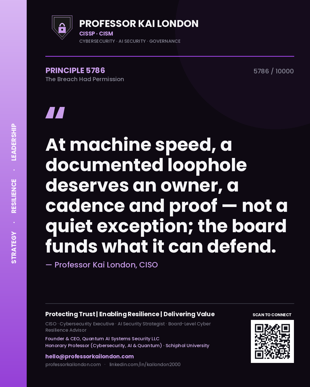 Quote card by Professor Kai London reading 'At machine speed, a documented loophole deserves an owner, a cadence and proof — not a quiet exception; the board funds what it can defend.'. From the book The Breach Had Permission.