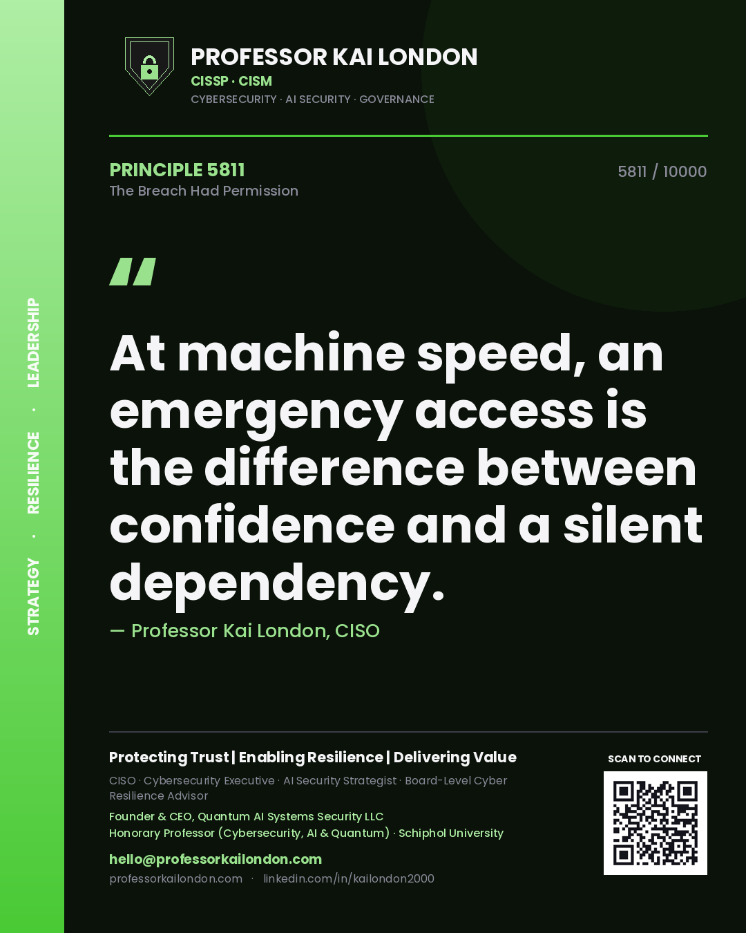 Quote card by Professor Kai London reading 'At machine speed, an emergency access is the difference between confidence and a silent dependency.'. From the book The Breach Had Permission.