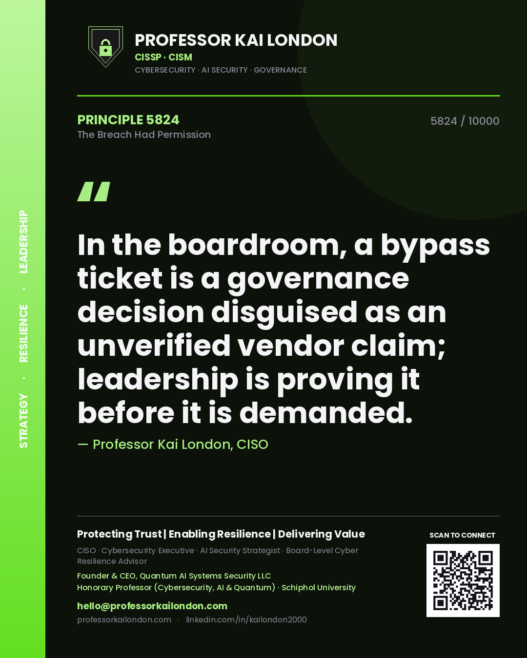 Quote card by Professor Kai London reading 'In the boardroom, a bypass ticket is a governance decision disguised as an unverified vendor claim; leadership is proving it before it is demanded.'. From the book The Breach Had Permission.