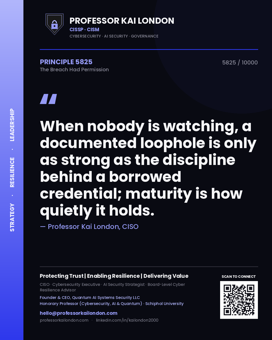 Quote card by Professor Kai London reading 'When nobody is watching, a documented loophole is only as strong as the discipline behind a borrowed credential; maturity is how quietly it holds.'. From the book The Breach Had Permission.