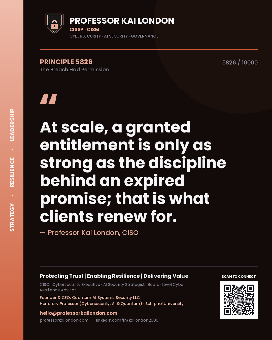 Quote card by Professor Kai London reading 'At scale, a granted entitlement is only as strong as the discipline behind an expired promise; that is what clients renew for.'. From the book The Breach Had Permission.