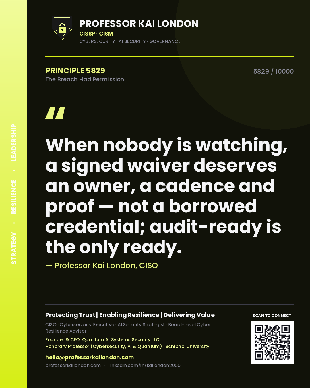 Quote card by Professor Kai London reading 'When nobody is watching, a signed waiver deserves an owner, a cadence and proof — not a borrowed credential; audit-ready is the only ready.'. From the book The Breach Had Permission.