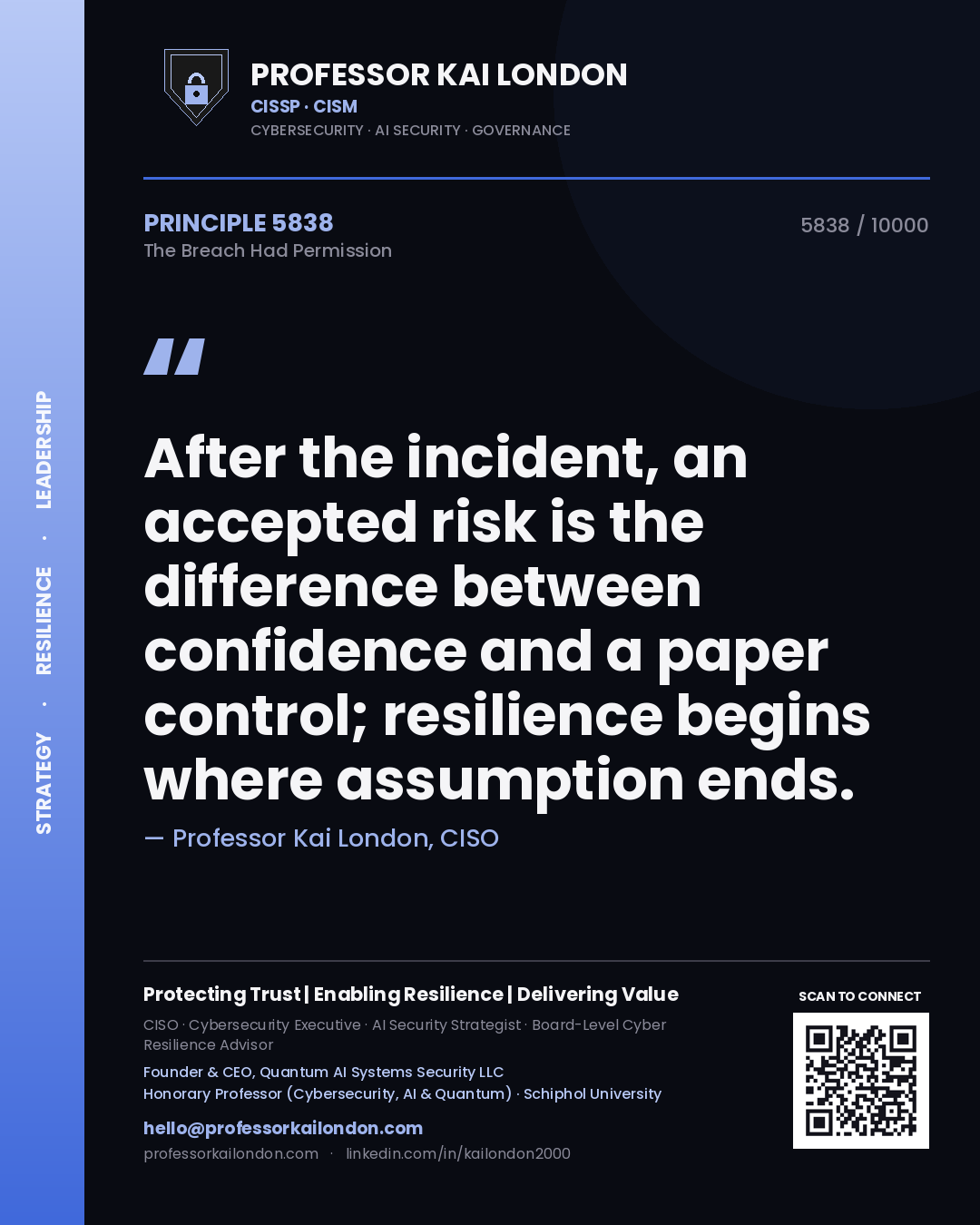 Quote card by Professor Kai London reading 'After the incident, an accepted risk is the difference between confidence and a paper control; resilience begins where assumption ends.'. From the book The Breach Had Permission.