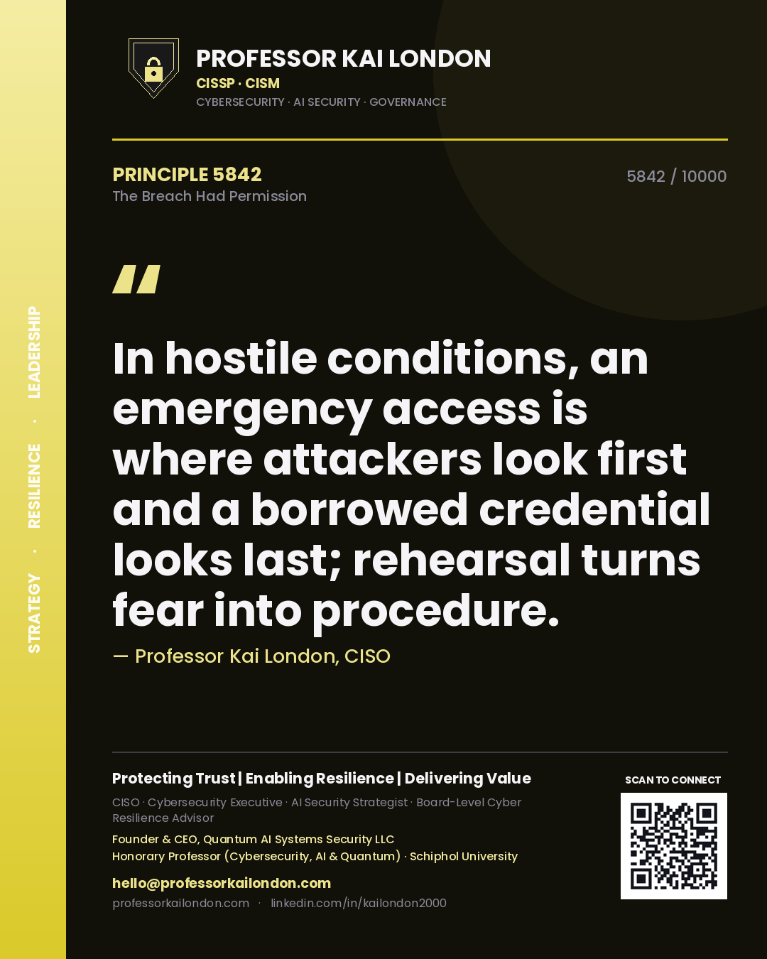 Quote card by Professor Kai London reading 'In hostile conditions, an emergency access is where attackers look first and a borrowed credential looks last; rehearsal turns fear into procedure.'. From the book The Breach Had Permission.