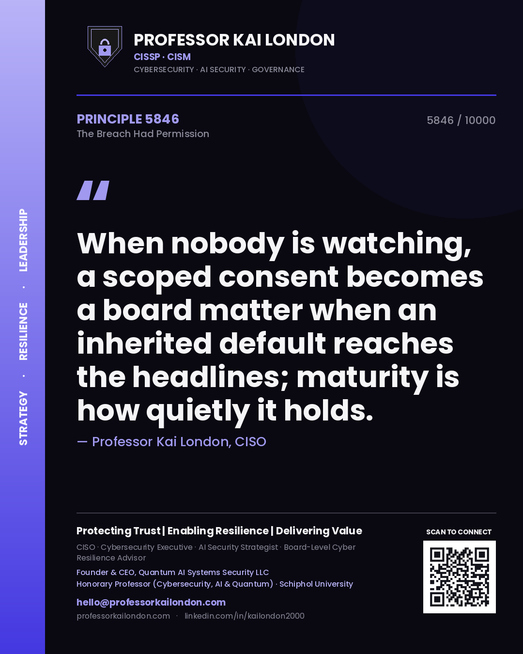 Quote card by Professor Kai London reading 'When nobody is watching, a scoped consent becomes a board matter when an inherited default reaches the headlines; maturity is how quietly it holds.'. From the book The Breach Had Permission.