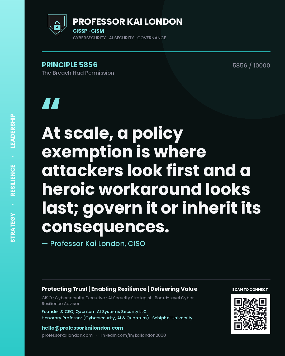 Quote card by Professor Kai London reading 'At scale, a policy exemption is where attackers look first and a heroic workaround looks last; govern it or inherit its consequences.'. From the book The Breach Had Permission.
