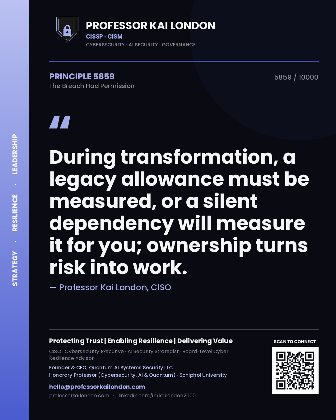 Quote card by Professor Kai London reading 'During transformation, a legacy allowance must be measured, or a silent dependency will measure it for you; ownership turns risk into work.'. From the book The Breach Had Permission.