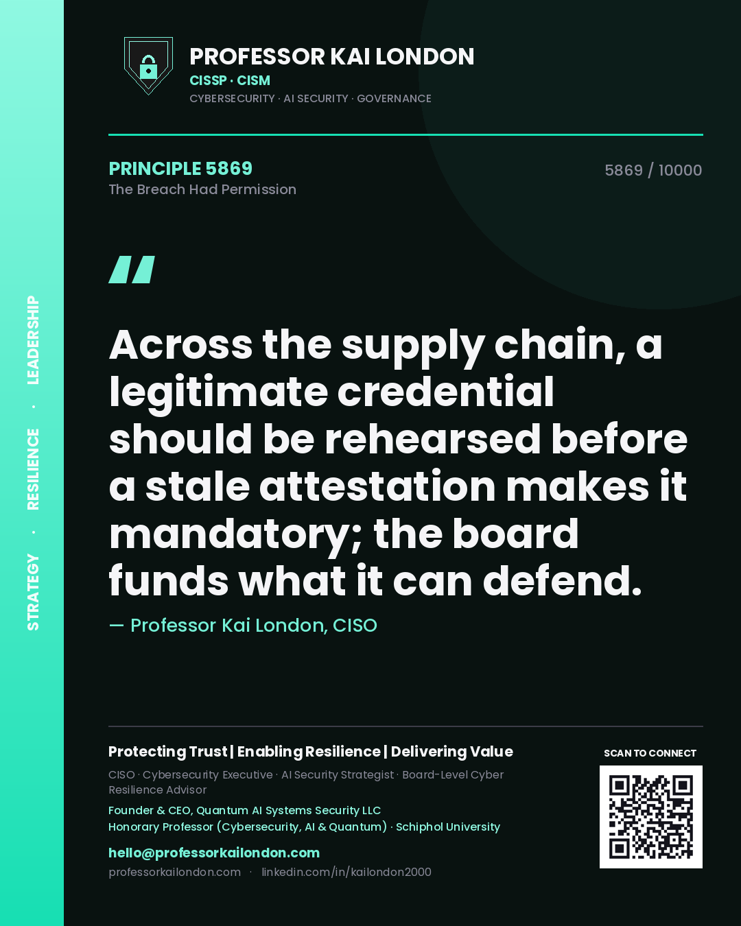 Professor Kai London principle 5869: Across the supply chain, a legitimate credential should be rehearsed before a stale attestation makes it mandatory; the board funds what it can defend.