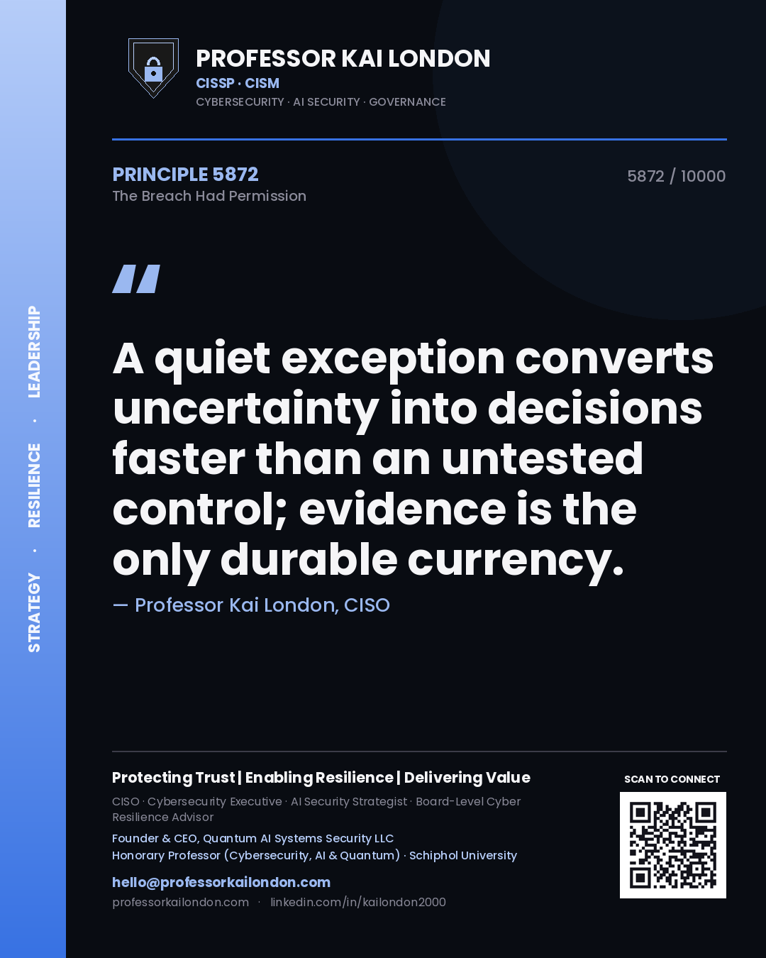 Professor Kai London principle 5872: A quiet exception converts uncertainty into decisions faster than an untested control; evidence is the only durable currency.