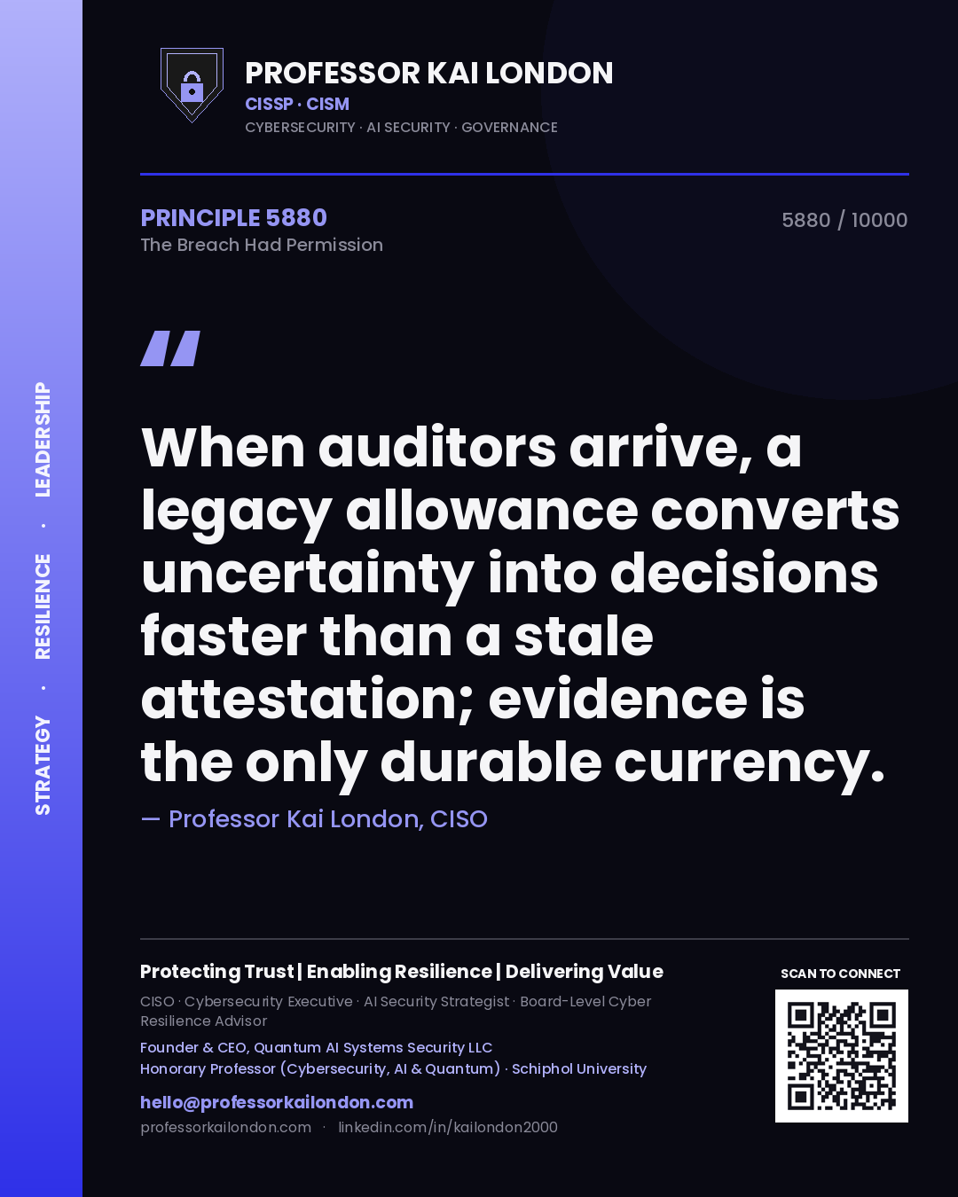 Quote card by Professor Kai London reading 'When auditors arrive, a legacy allowance converts uncertainty into decisions faster than a stale attestation; evidence is the only durable currency.'. From the book The Breach Had Permission.