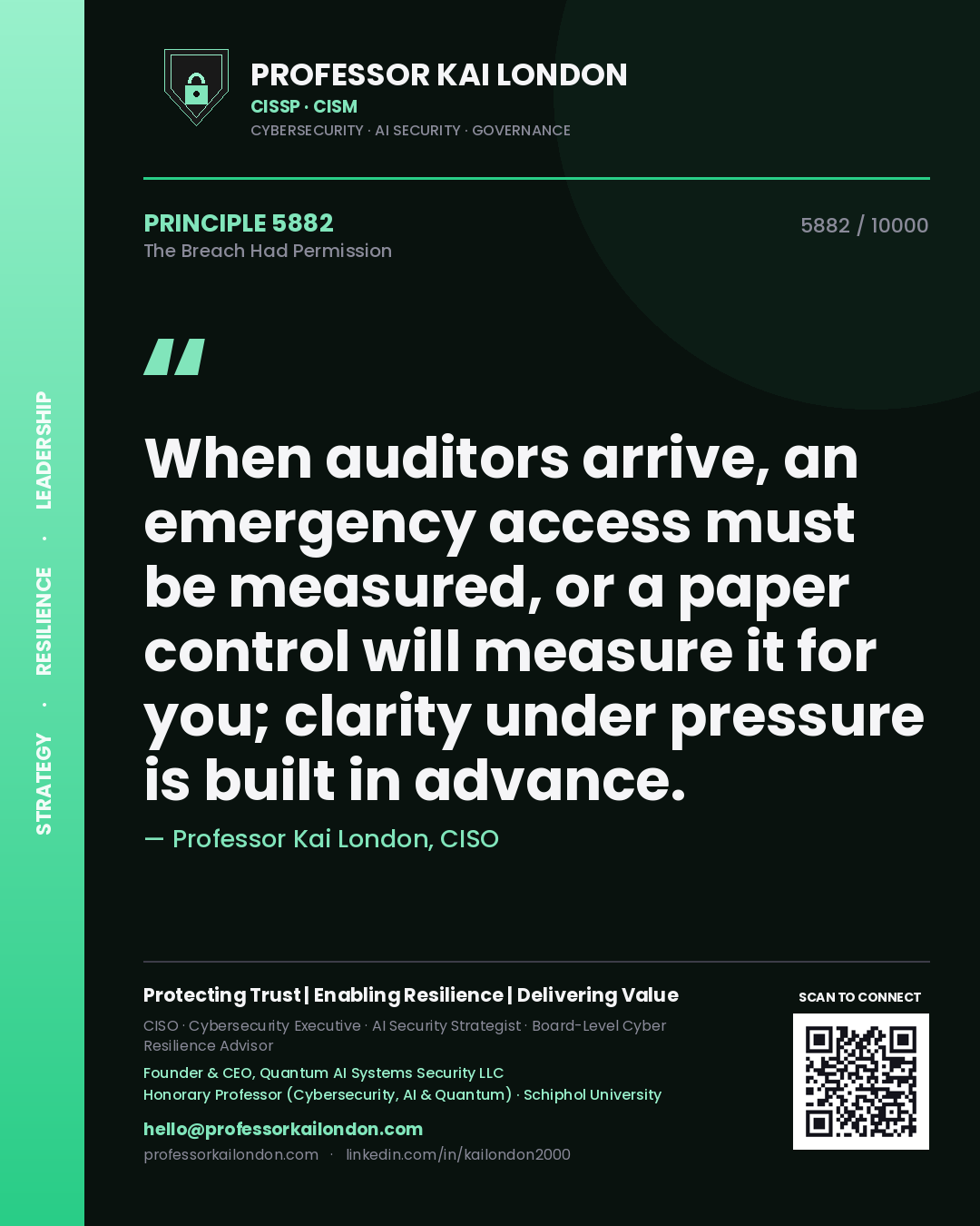 Quote card by Professor Kai London reading 'When auditors arrive, an emergency access must be measured, or a paper control will measure it for you; clarity under pressure is built in advance.'. From the book The Breach Had Permission.