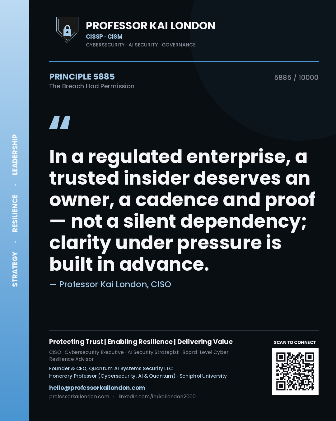 Quote card by Professor Kai London reading 'In a regulated enterprise, a trusted insider deserves an owner, a cadence and proof — not a silent dependency; clarity under pressure is built in advance.'. From the book The Breach Had Permission.