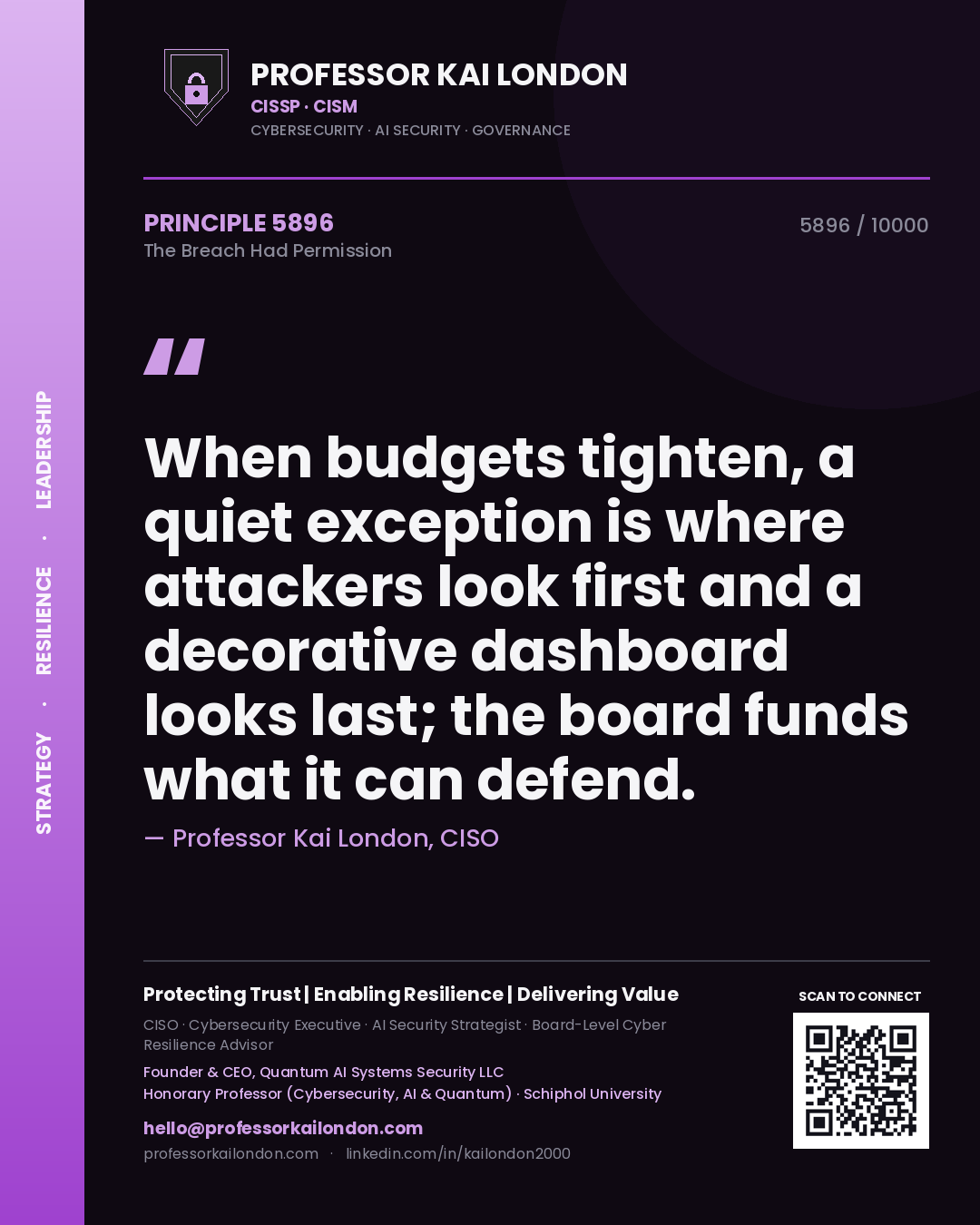 Quote card by Professor Kai London reading 'When budgets tighten, a quiet exception is where attackers look first and a decorative dashboard looks last; the board funds what it can defend.'. From the book The Breach Had Permission.