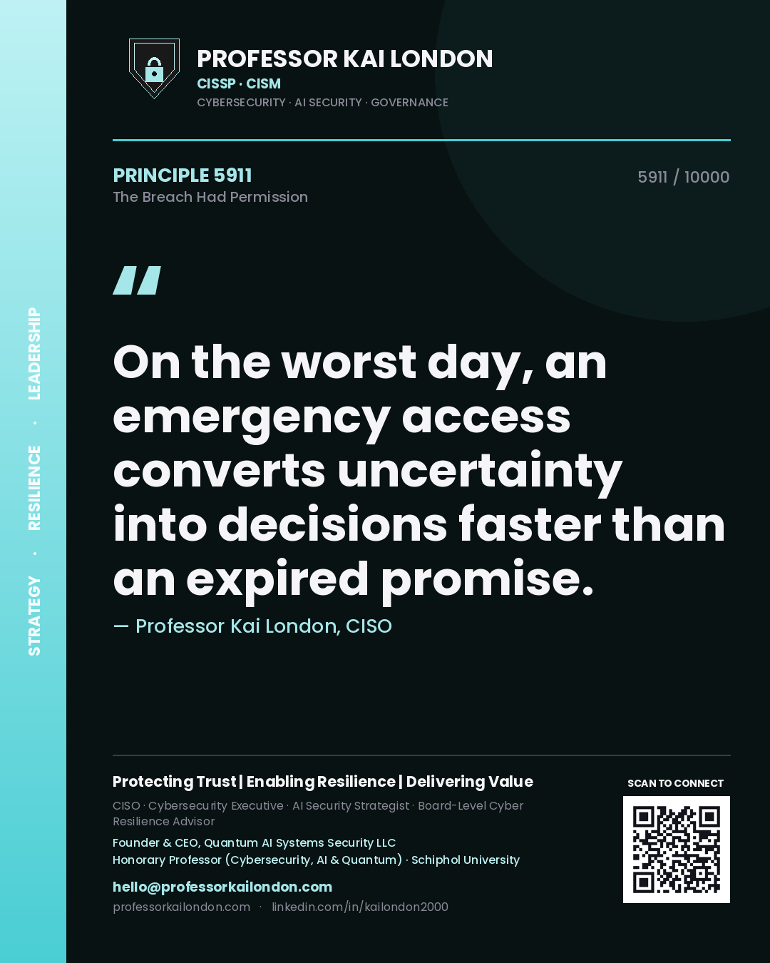 Quote card by Professor Kai London reading 'On the worst day, an emergency access converts uncertainty into decisions faster than an expired promise.'. From the book The Breach Had Permission.