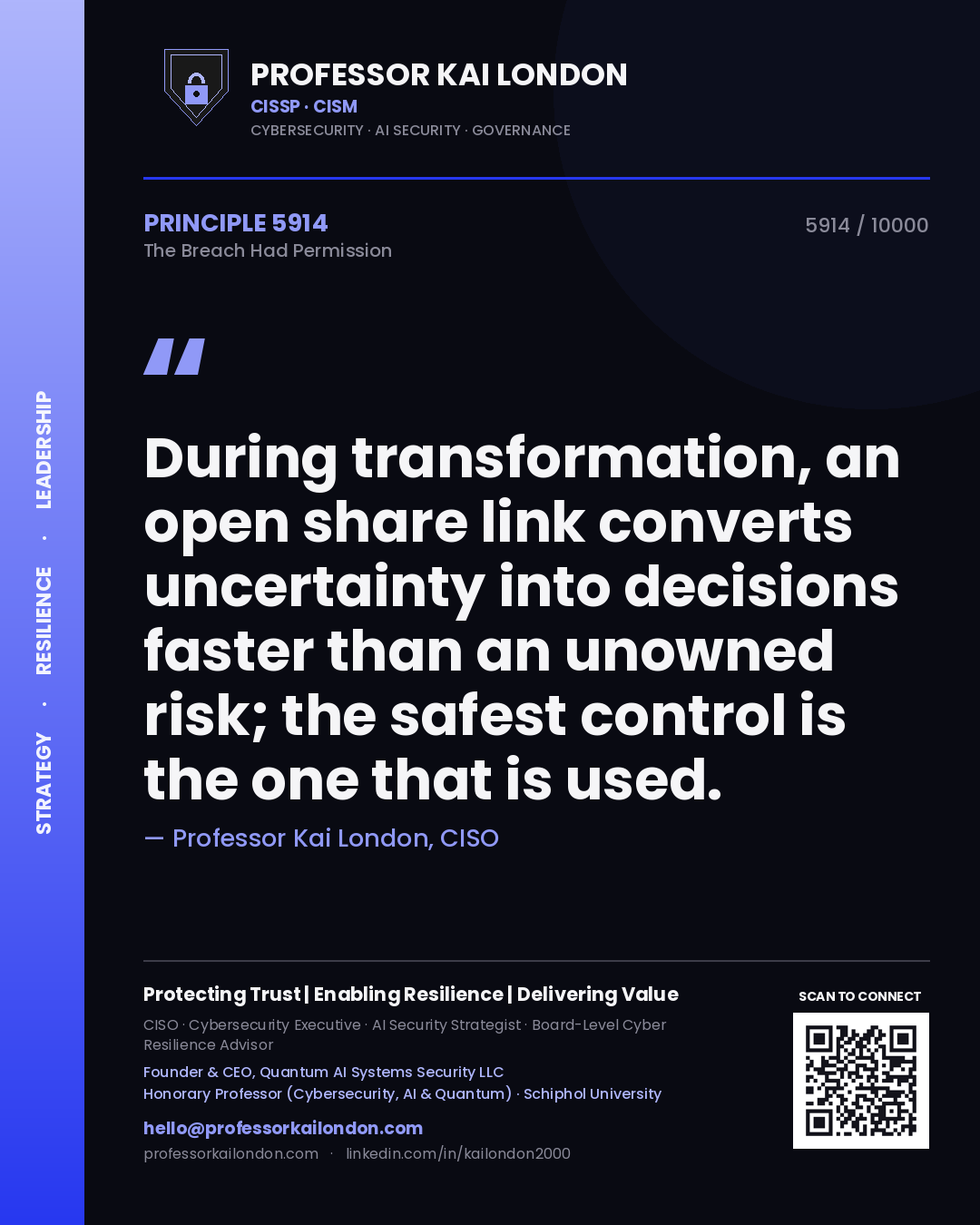 Quote card by Professor Kai London reading 'During transformation, an open share link converts uncertainty into decisions faster than an unowned risk; the safest control is the one that is used.'. From the book The Breach Had Permission.
