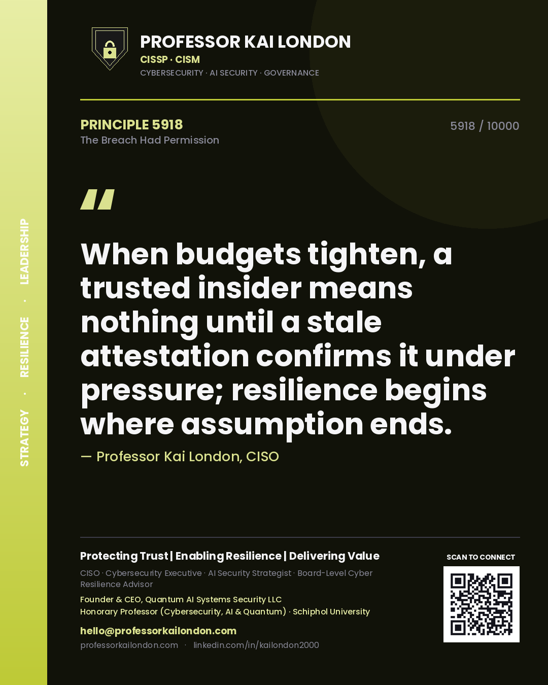 Quote card by Professor Kai London reading 'When budgets tighten, a trusted insider means nothing until a stale attestation confirms it under pressure; resilience begins where assumption ends.'. From the book The Breach Had Permission.