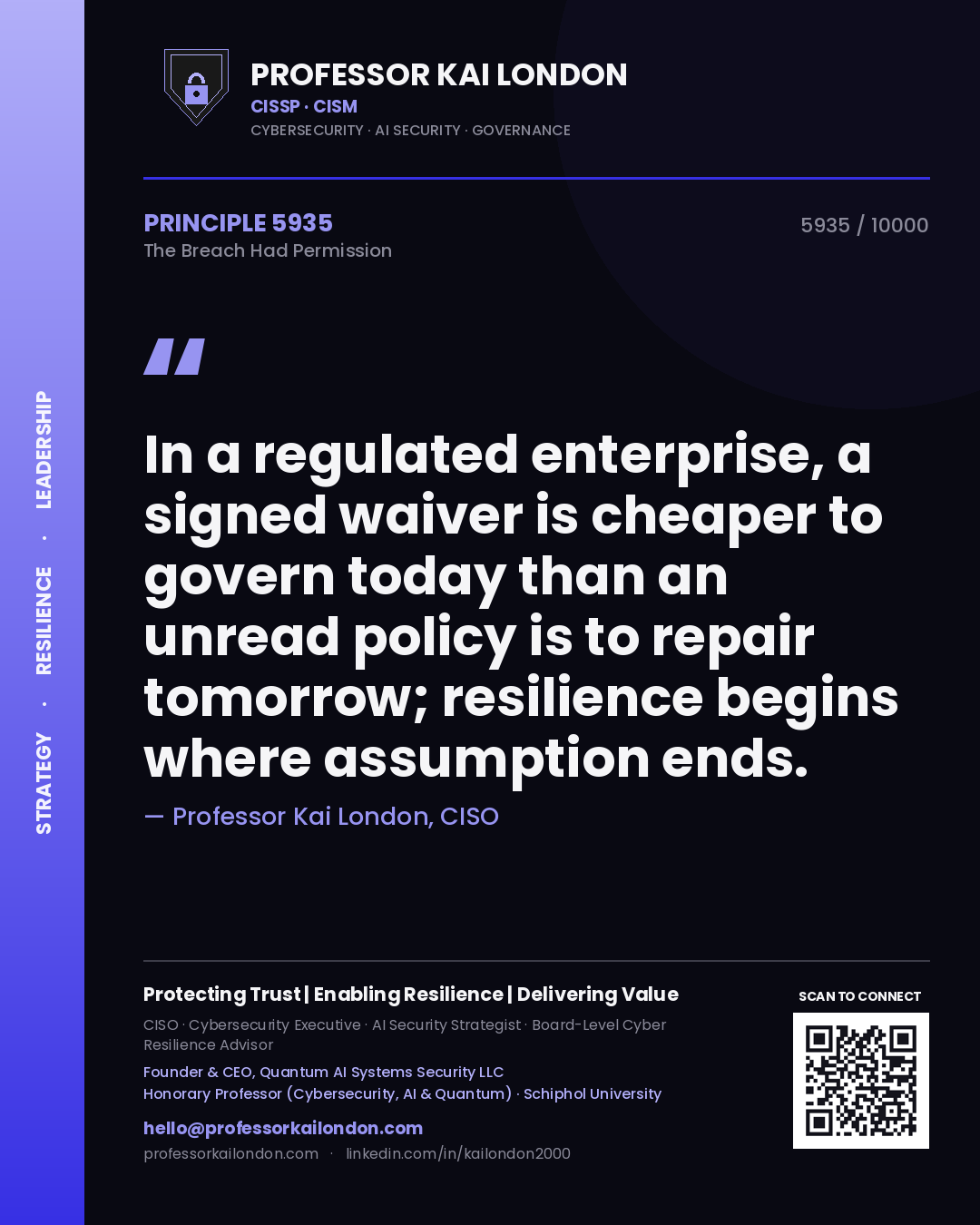Professor Kai London principle 5935: In a regulated enterprise, a signed waiver is cheaper to govern today than an unread policy is to repair tomorrow; resilience begins where assumption ends.