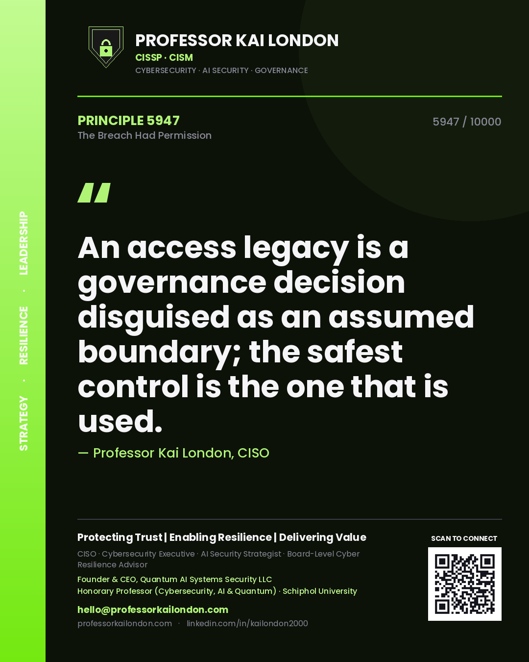 Quote card by Professor Kai London reading 'An access legacy is a governance decision disguised as an assumed boundary; the safest control is the one that is used.'. From the book The Breach Had Permission.