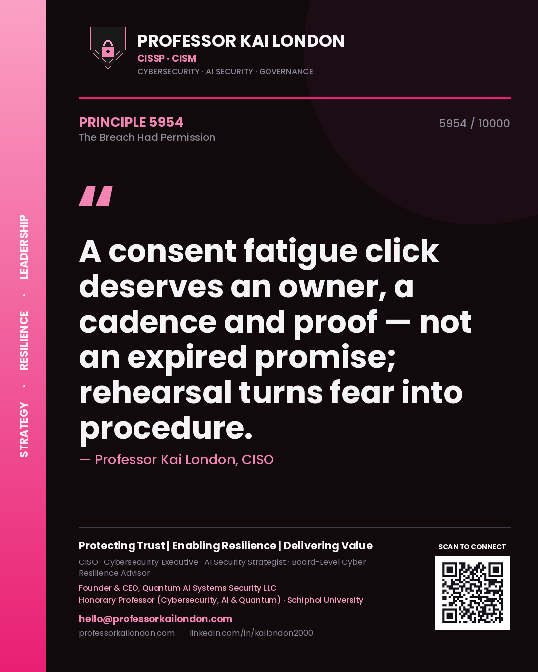 Quote card by Professor Kai London reading 'A consent fatigue click deserves an owner, a cadence and proof — not an expired promise; rehearsal turns fear into procedure.'. From the book The Breach Had Permission.