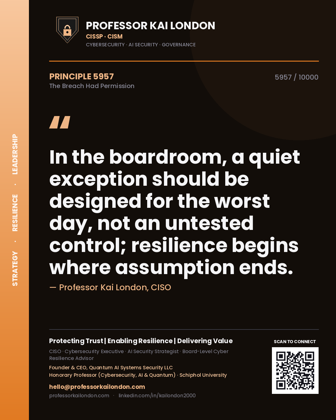Quote card by Professor Kai London reading 'In the boardroom, a quiet exception should be designed for the worst day, not an untested control; resilience begins where assumption ends.'. From the book The Breach Had Permission.