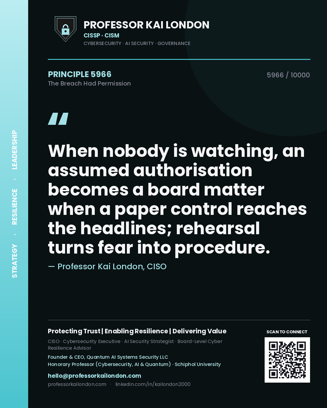 Quote card by Professor Kai London reading 'When nobody is watching, an assumed authorisation becomes a board matter when a paper control reaches the headlines; rehearsal turns fear into procedure.'. From the book The Breach Had Permission.