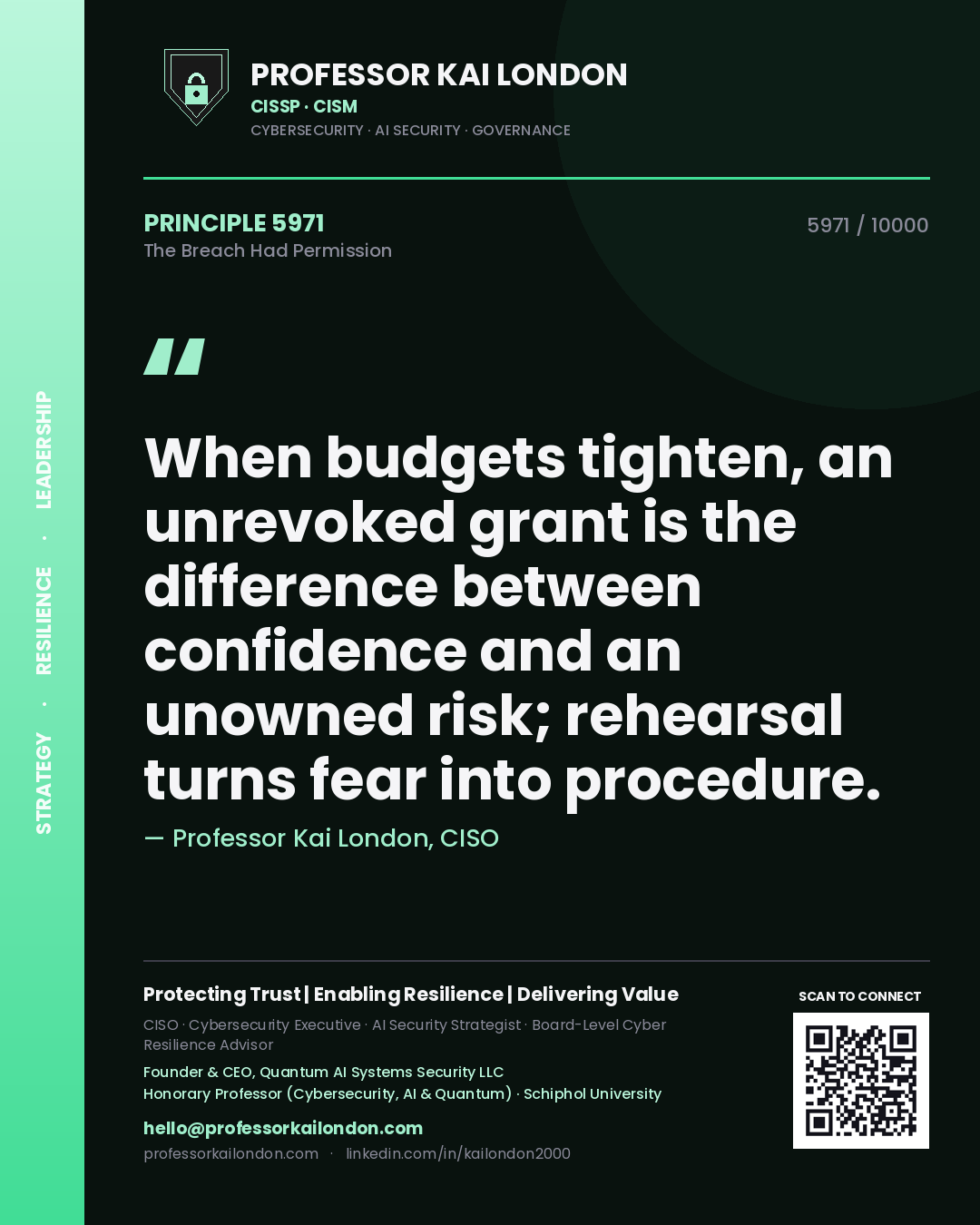 Quote card by Professor Kai London reading 'When budgets tighten, an unrevoked grant is the difference between confidence and an unowned risk; rehearsal turns fear into procedure.'. From the book The Breach Had Permission.