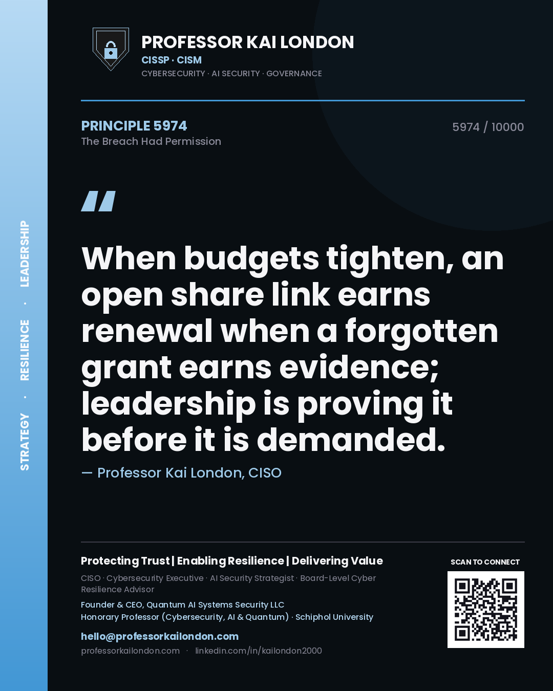 Quote card by Professor Kai London reading 'When budgets tighten, an open share link earns renewal when a forgotten grant earns evidence; leadership is proving it before it is demanded.'. From the book The Breach Had Permission.