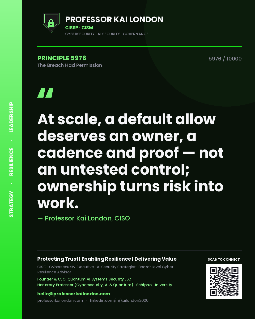 Quote card by Professor Kai London reading 'At scale, a default allow deserves an owner, a cadence and proof — not an untested control; ownership turns risk into work.'. From the book The Breach Had Permission.