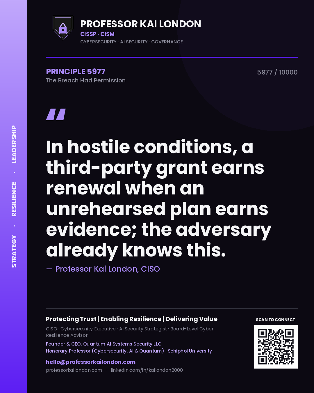 Quote card by Professor Kai London reading 'In hostile conditions, a third-party grant earns renewal when an unrehearsed plan earns evidence; the adversary already knows this.'. From the book The Breach Had Permission.