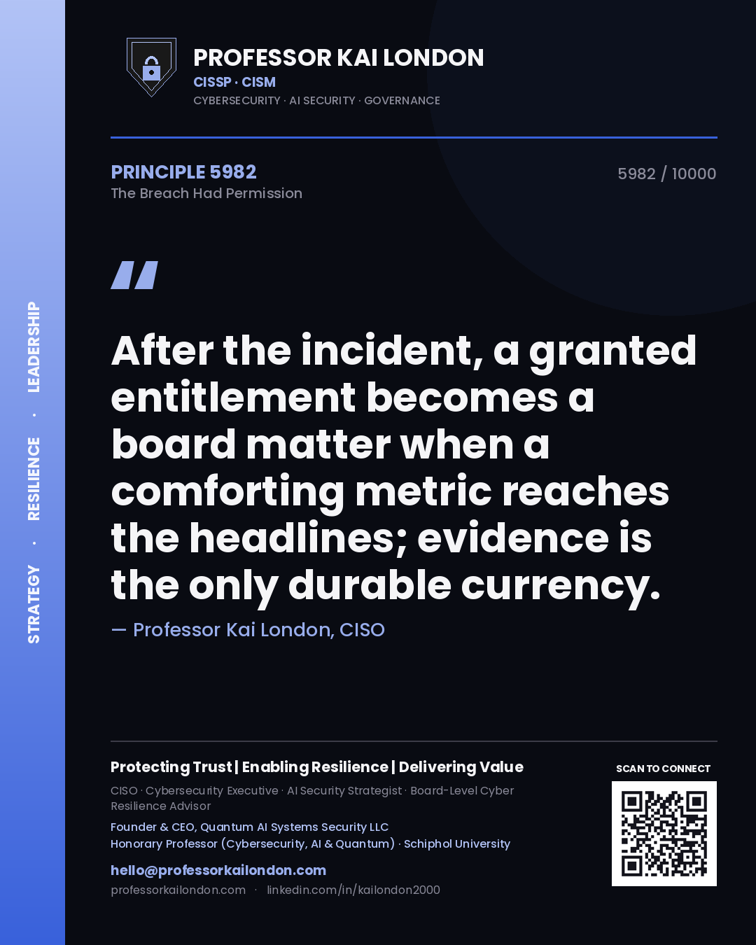 Quote card by Professor Kai London reading 'After the incident, a granted entitlement becomes a board matter when a comforting metric reaches the headlines; evidence is the only durable currency.'. From the book The Breach Had Permission.